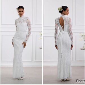 V Chapman Jules Turtleneck Lace Maxi Dress White Bride‎ Wedding Size 8 Read Desc
